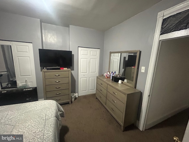 bedroom with multiple closets and dark colored carpet