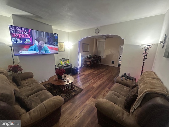 living room with dark wood-type flooring