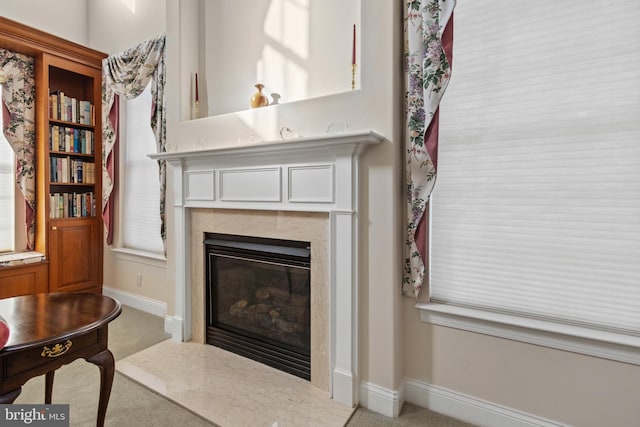 living room featuring a fireplace