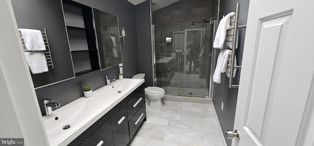 bathroom featuring vanity, a shower with shower door, toilet, and lofted ceiling