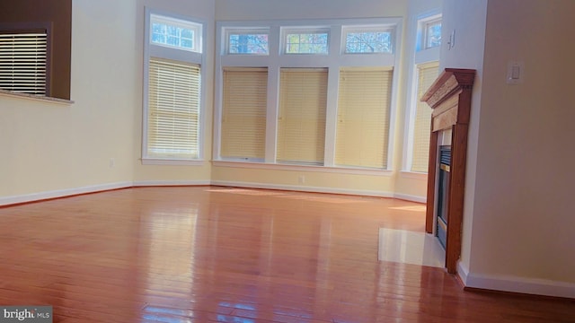 unfurnished room with a fireplace, light hardwood / wood-style floors, and plenty of natural light