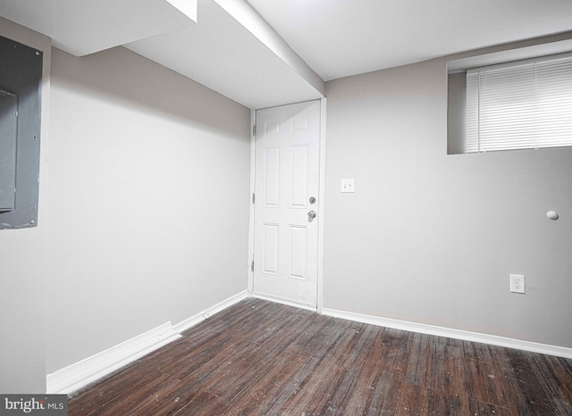 unfurnished room with dark wood-type flooring and electric panel