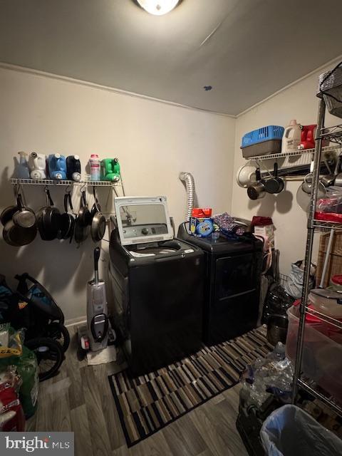 laundry area with independent washer and dryer and wood-type flooring