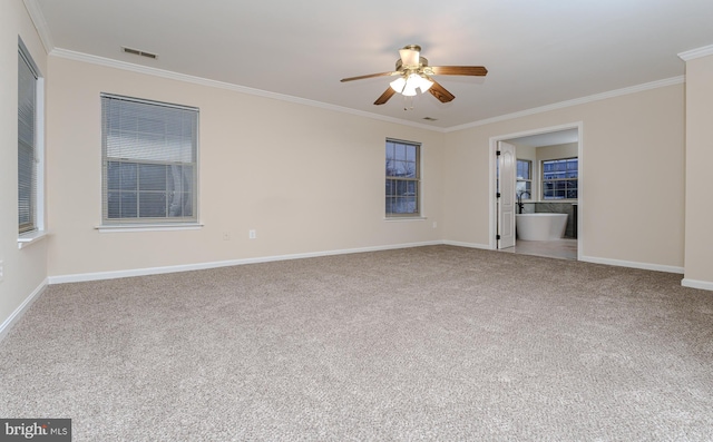 spare room with visible vents, a ceiling fan, ornamental molding, and carpet flooring