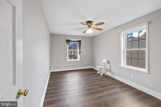 unfurnished room featuring dark hardwood / wood-style floors, ceiling fan, and baseboard heating