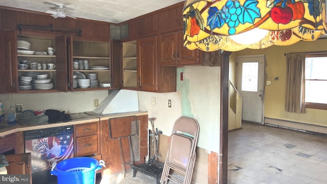 kitchen with a baseboard radiator, stainless steel dishwasher, and ceiling fan