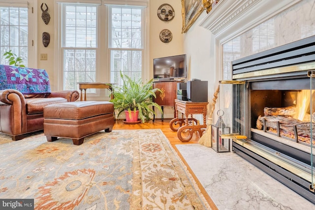 sitting room with a tile fireplace and light wood-type flooring