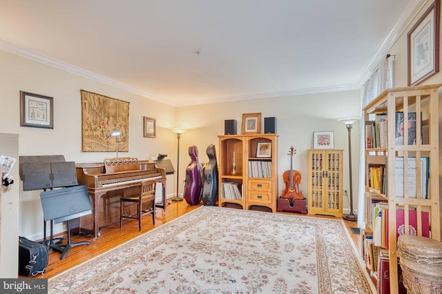 miscellaneous room with ornamental molding and wood-type flooring