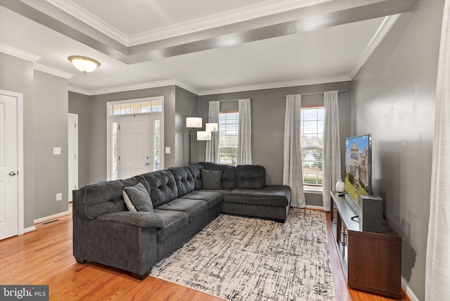 living room featuring crown molding and wood-type flooring