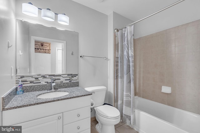 full bathroom featuring decorative backsplash, vanity, toilet, shower / bath combo, and tile patterned floors