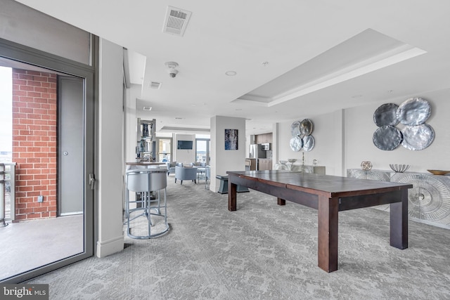 game room featuring carpet floors and a raised ceiling