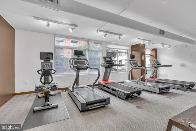 exercise room featuring rail lighting and light carpet