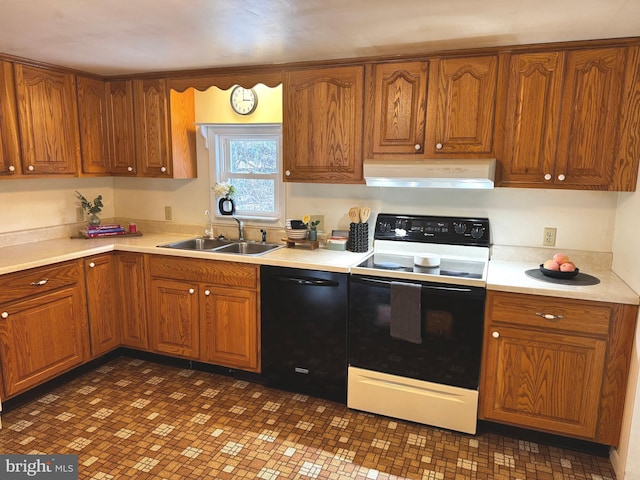 kitchen featuring electric stove, black dishwasher, and sink