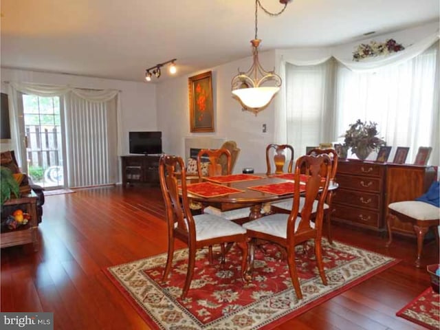 dining area with dark wood-type flooring and track lighting