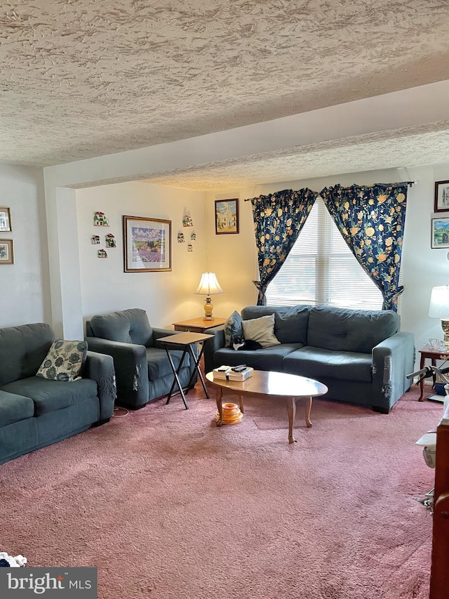 living room with carpet and a textured ceiling