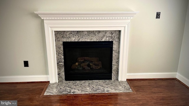 interior details featuring wood-type flooring and a fireplace