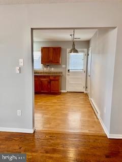 kitchen featuring pendant lighting and light hardwood / wood-style floors