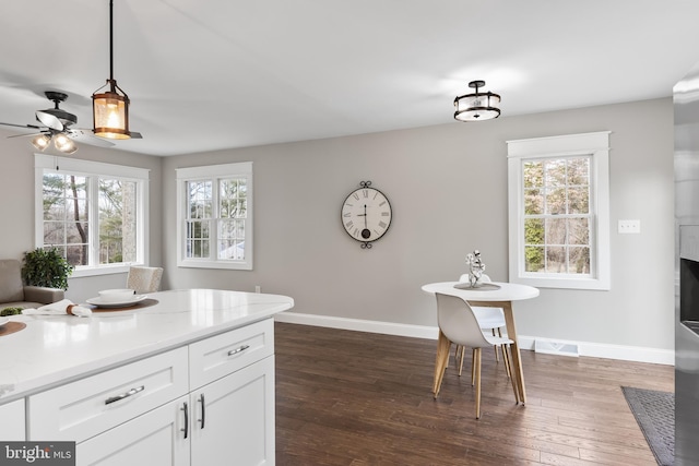 kitchen featuring dark wood-type flooring, a healthy amount of sunlight, decorative light fixtures, and white cabinets