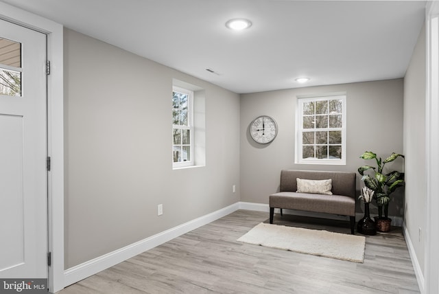 sitting room with light wood-type flooring and a wealth of natural light