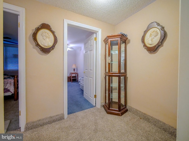 hallway featuring carpet and a textured ceiling