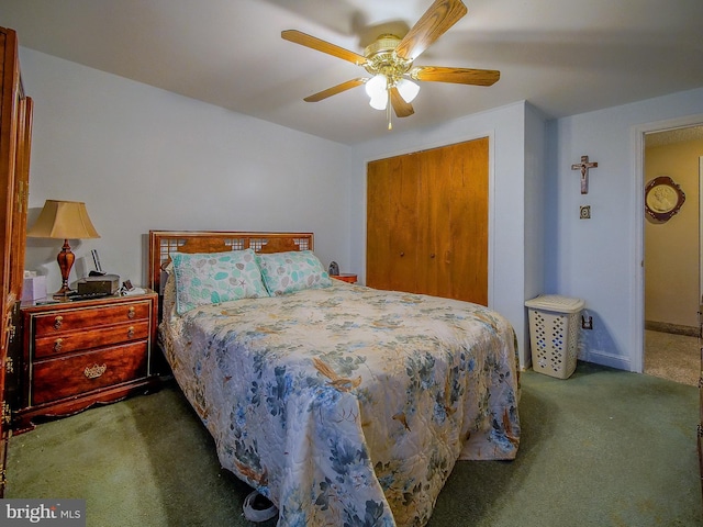 bedroom with carpet floors, a closet, and ceiling fan