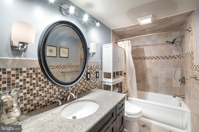 full bathroom featuring tile walls, vanity, shower / bath combination with curtain, and toilet