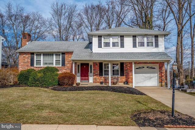 split level home with a garage and a front lawn