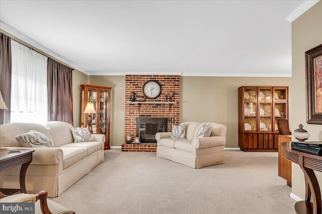 living room featuring light carpet, a brick fireplace, and ornamental molding