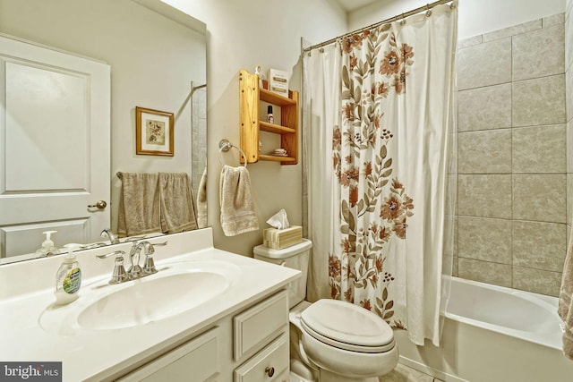 full bathroom with shower / bath combination with curtain, vanity, and toilet