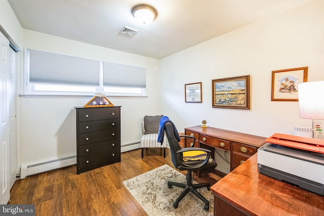 office space featuring a baseboard radiator, dark hardwood / wood-style floors, and plenty of natural light