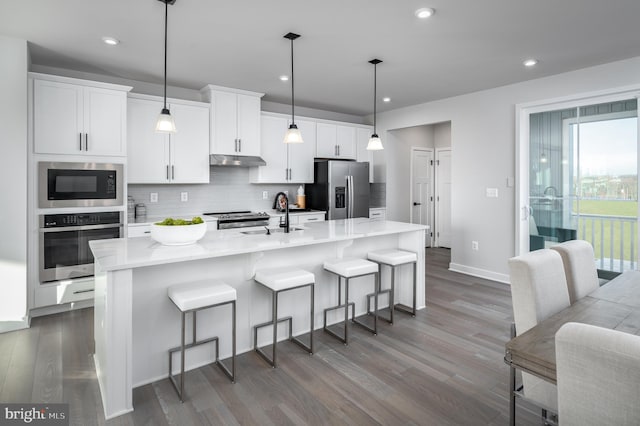 kitchen featuring backsplash, under cabinet range hood, a breakfast bar, stainless steel appliances, and a sink