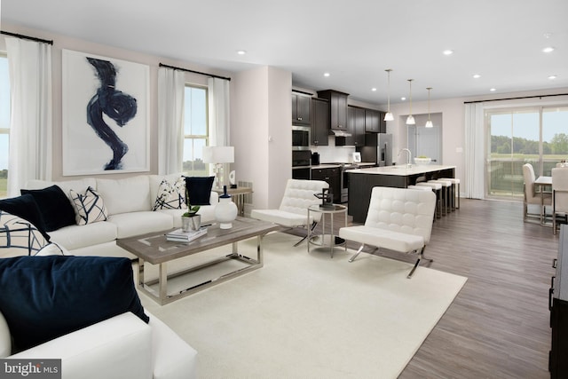 living area with recessed lighting and wood finished floors