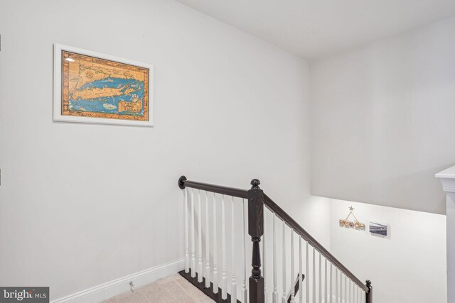 staircase with baseboards and carpet