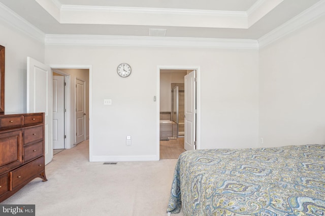 bedroom with a raised ceiling, ornamental molding, visible vents, and light carpet