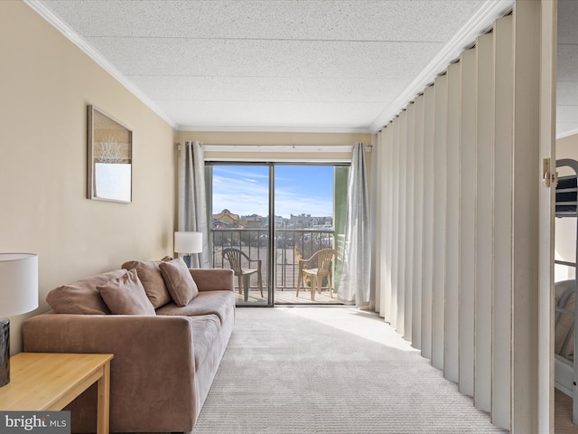 carpeted living room with ornamental molding