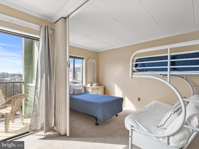 bedroom featuring crown molding, access to exterior, and carpet floors