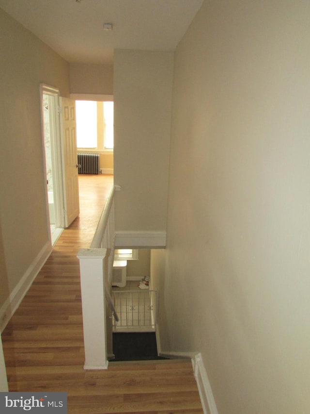 stairs with hardwood / wood-style flooring and radiator heating unit