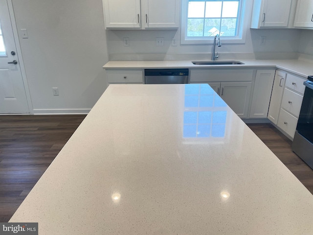 106 Thyme Way, Bunker Hill, WV 25413 - kitchen with a sink, stainless steel appliances, light stone counters, baseboards, and white cabinets