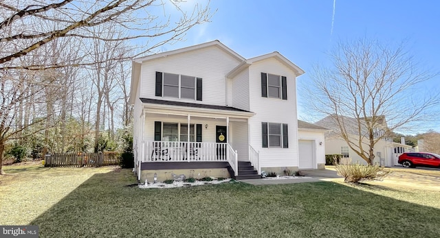 traditional home featuring driveway, a garage, covered porch, fence, and a front yard