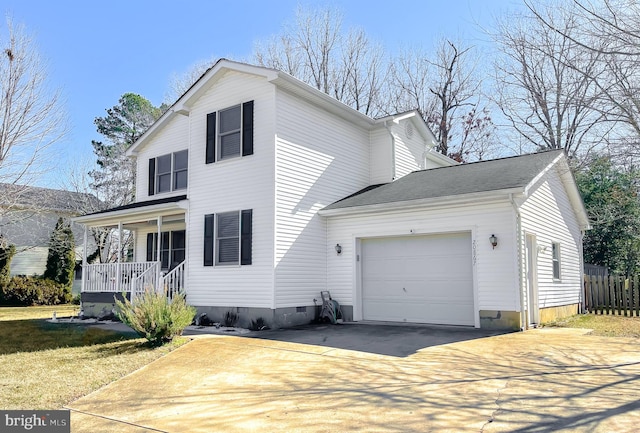 view of front of property with a porch, a garage, a shingled roof, driveway, and crawl space