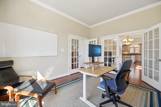 office space featuring french doors, wood finished floors, and ornamental molding