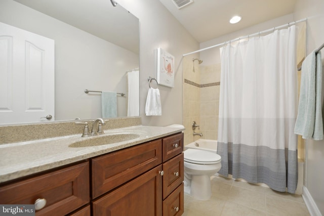 full bath with tile patterned flooring, visible vents, toilet, shower / bath combo, and vanity