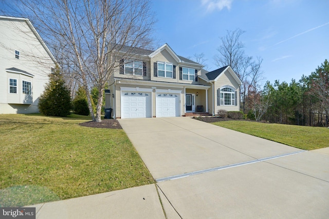 traditional-style house with a front yard, concrete driveway, and an attached garage