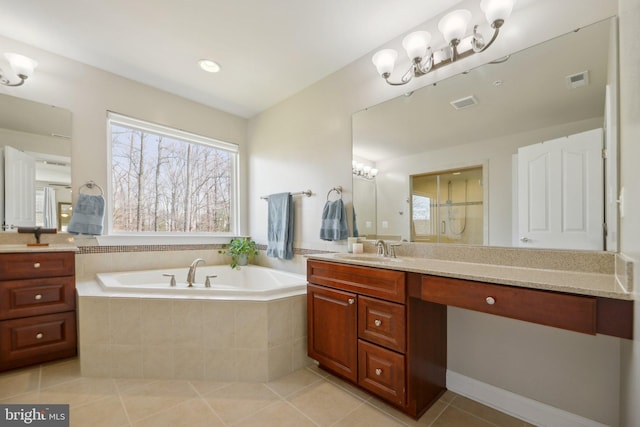 full bath featuring visible vents, a garden tub, a stall shower, and tile patterned flooring