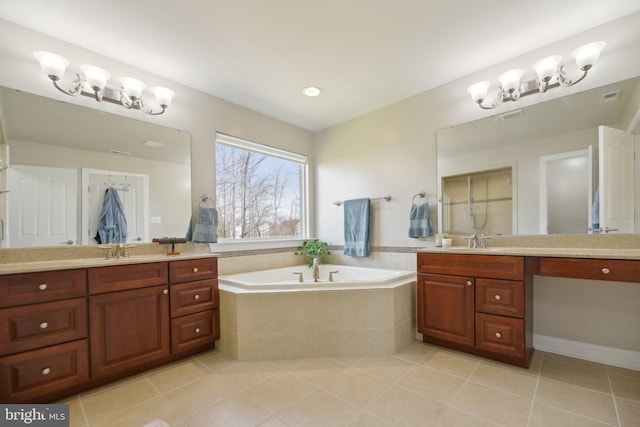 full bath featuring a bath, visible vents, a shower stall, and tile patterned floors