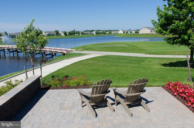 view of patio / terrace featuring a water view