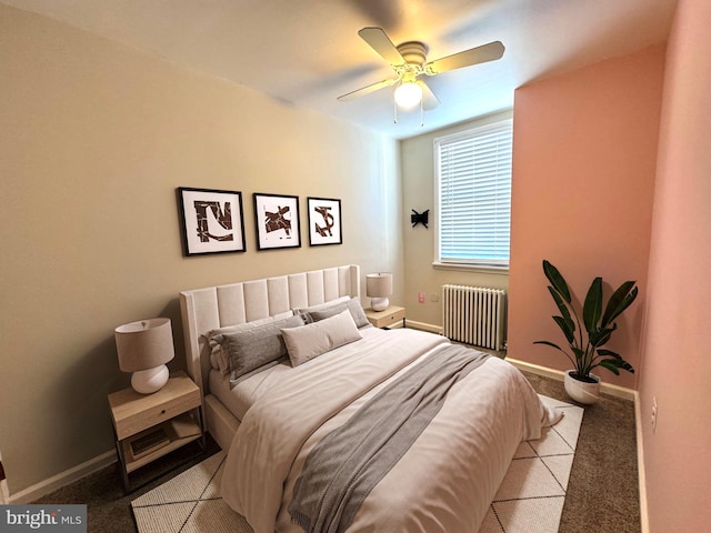 bedroom featuring radiator, light carpet, baseboards, and a ceiling fan