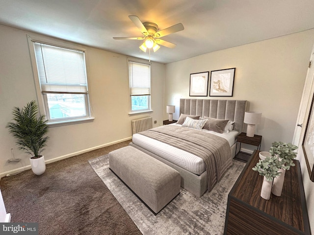 bedroom featuring radiator heating unit, baseboards, ceiling fan, and carpet flooring