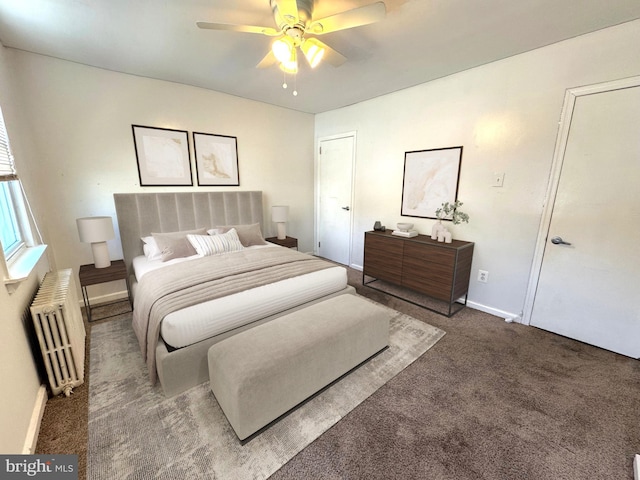 bedroom featuring carpet floors, radiator, ceiling fan, and baseboards