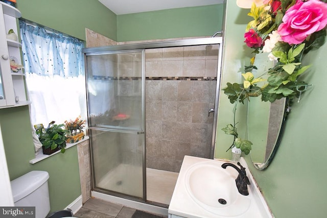 full bathroom featuring vanity, tile patterned flooring, a shower stall, and toilet